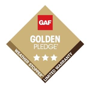 A diamond-shaped GAF Golden Pledge badge with a red GAF logo, three white stars, and the text "Weather Stopper Limited Warranty" on a brown border—ideal for any MD roofing contractor Talbot County trusts.