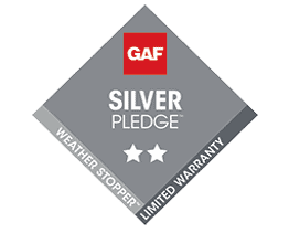 Diamond-shaped badge with a red GAF logo at the top, "Silver Pledge" and two white stars in the center, and "Weather Stopper Limited Warranty" on the gray border—trusted by roofing contractor Talbot County, MD.