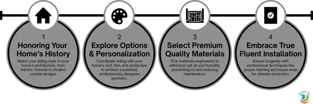 Four numbered circles with icons illustrate steps for home siding: 1) Honor your home’s history, 2) Explore options & personalize, 3) Select quality materials, and 4) Embrace expert installation.