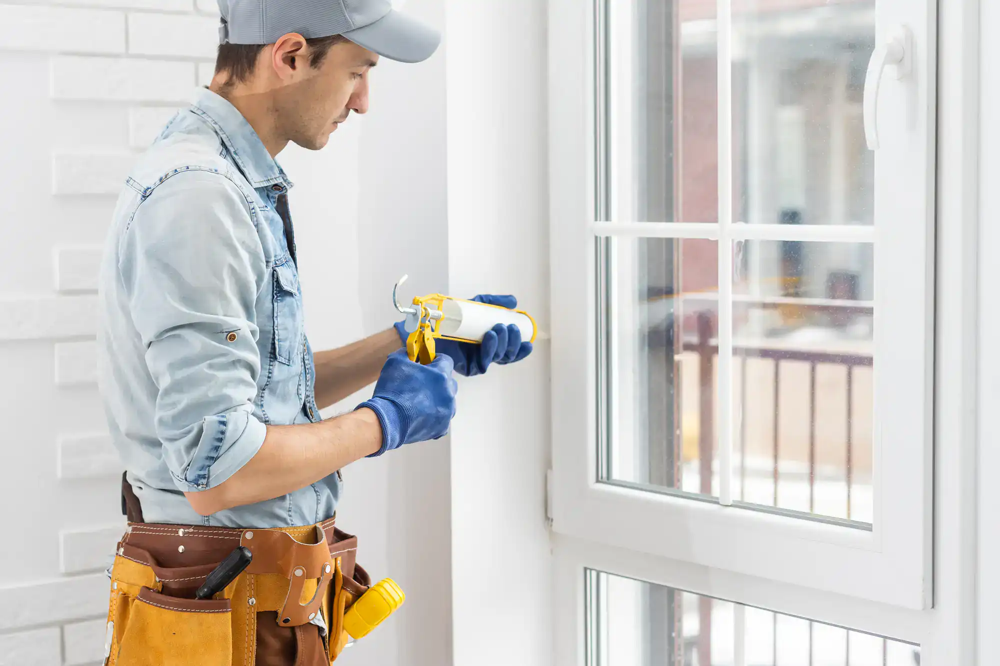 A handyman wearing a cap and gloves uses a caulking gun to seal the edge of a white-framed window. He has a tool belt with various tools and is working indoors by a brick wall.