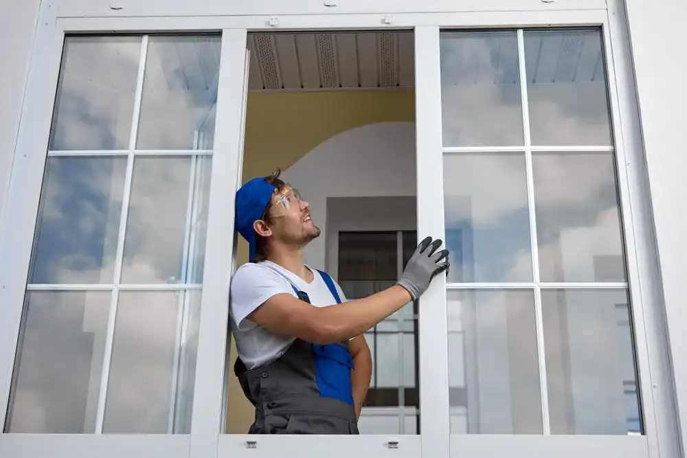 Worker carefully installing a new window on a residential property in Talbot County, Maryland for Bay Area Exteriors, ensuring precision and quality.