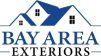 Logo for Bay Area Exteriors, a roofing contractor in Talbot County, MD, featuring three overlapping blue house roof outlines with windows above the company name in bold blue text.